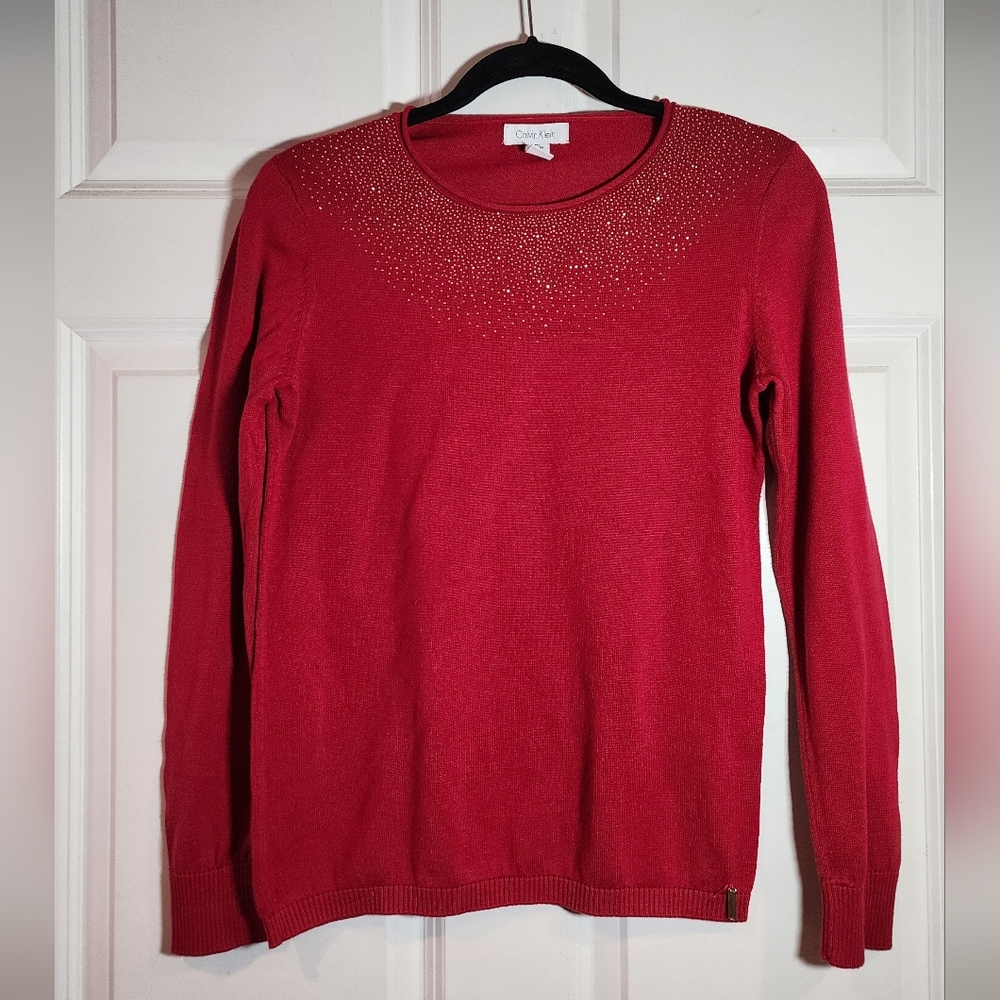 Calvin Klein Vibrant Red Sweater with Sparkling Neckline Medium